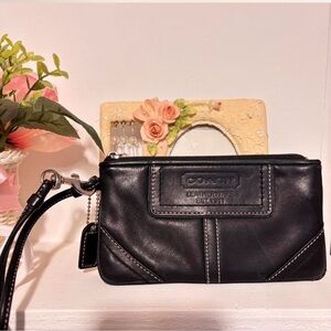 Coach Black Leather Wristlet with Stitch Detail